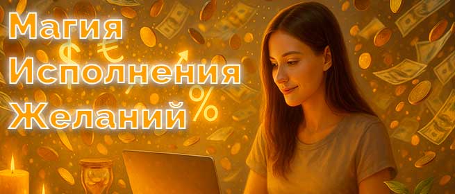 Молодая женщина за ноутбуком с кнопкой “Записаться”; вокруг в тёплом свете парят монеты и банкноты, светятся символы $, €, %, растущий график; свечи, песочные часы, стопки наличных и росток на столе — фотореализм, мягкие тона