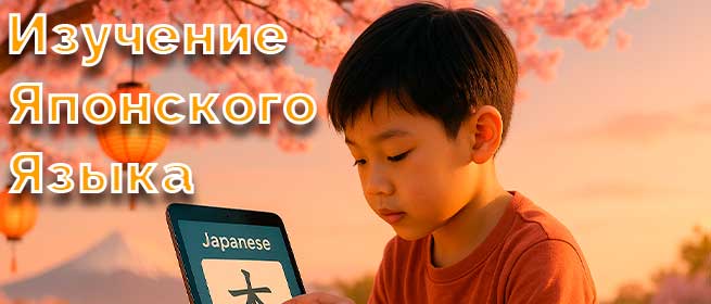 Мальчик изучает японские иероглифы на планшете под цветущей сакурой, на закате