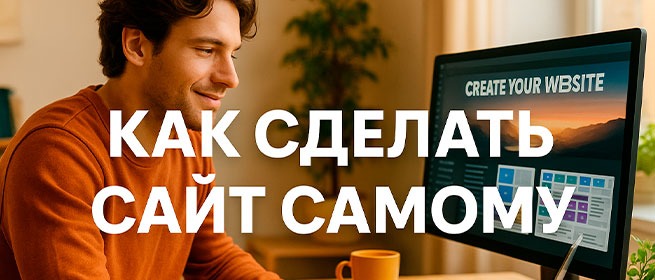 Мужчина создаёт сайт на компьютере с помощью конструктора, надпись "Как сделать сайт самому"