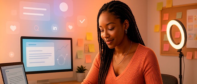 «Молодая женщина с ноутбуком сидит в кресле на фоне зелёной стены и растений; на изображении текст: “Узнай, как пишется сильный текст”. Визуал для курса копирайтинга.»