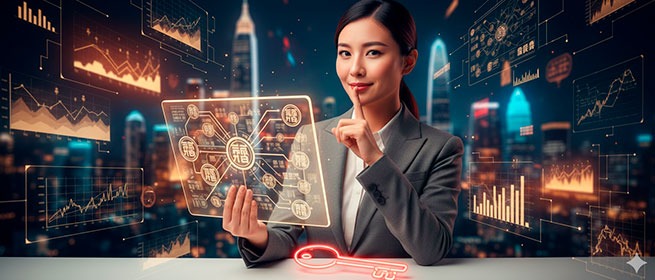 Молодая бизнес-женщина в деловом костюме управляет цифровыми интерфейсами с графиками и диаграммами на фоне ночного города