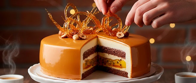 Муссовый торт с зеркальной карамельной глазурью на подставке, разрез показывает слои бисквита, хруста, яблочного компота и мусса, сверху карамельные спирали