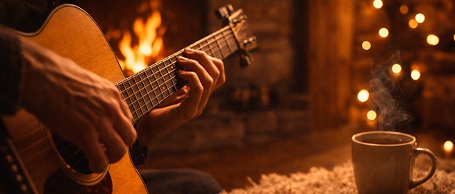 Руки играют на акустической гитаре в уютной комнате с тёплыми огнями и чашкой чая